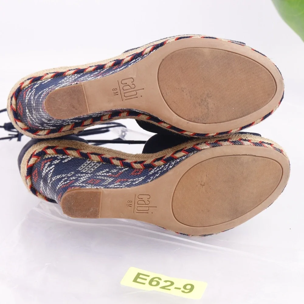 CAbi Womens Isla Sandals Size 8 Navy Suede Tie Ankle Wrap Espadrille Wedge Shoes